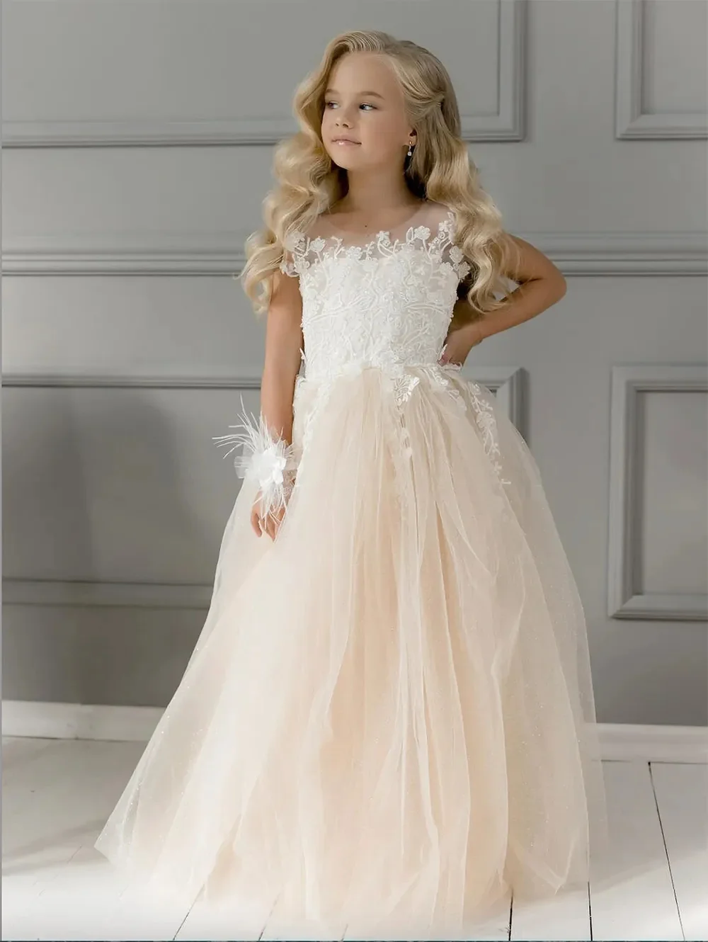 2024 Floor-Length Kids Vestidos O-Neck Sleeveless Flower Girl Dress For Wedding Princess Champagne A-Line Tulle Long Pageant Dre