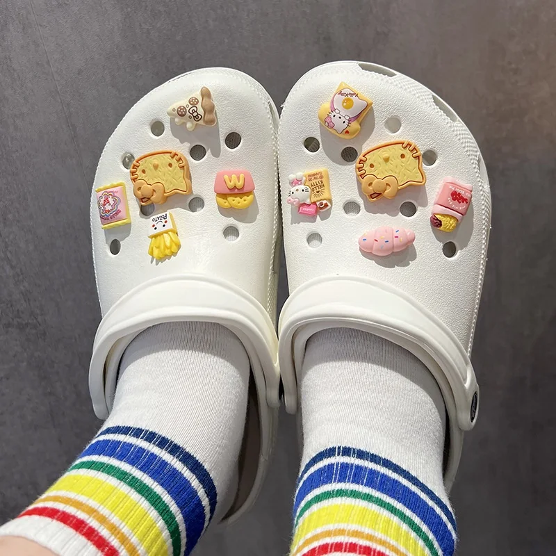 Miniso New Hello Kitty Bread Cat Biscuits Shoes Charms Set Cute Cartoon Kt Cat Food Style Clogs Sandals Pack Party Favors