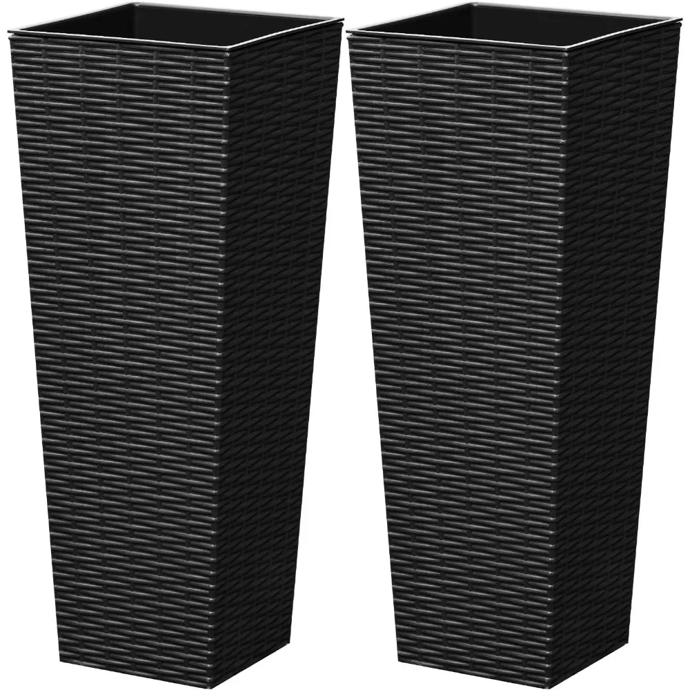 

24-Inch Rattan Texture Planters Set of 2 with Drainage Holes, Indoor Outdoor Decorative Pots for Large Plants and Garden