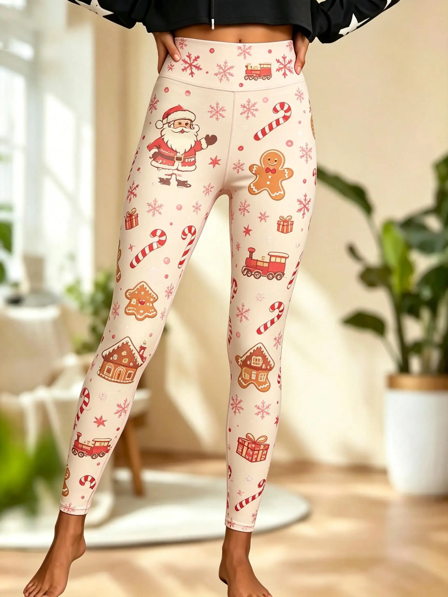 Women Fleece‑Lined Mid‑Rise Leggings Christmas Santa Gingerbread Man Candy Cane Gift Snowflake Print Slim Warm Pants
