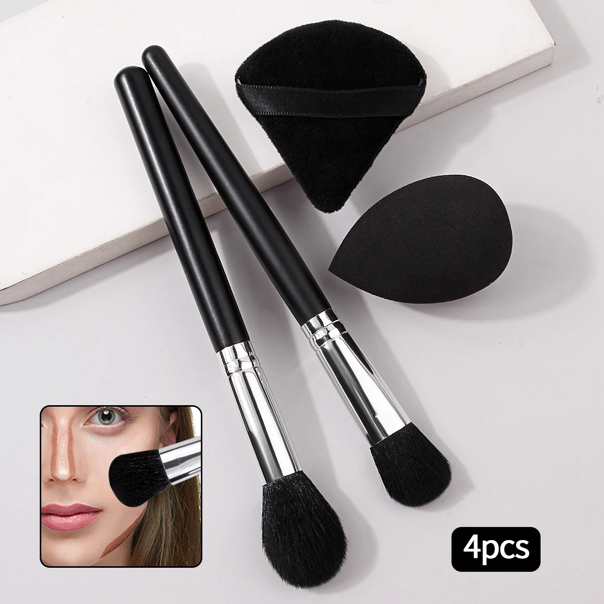 4pcs 2 black flame shaped flat head multifunctional makeup brushes+no powder makeup egg triangular powder puff combination