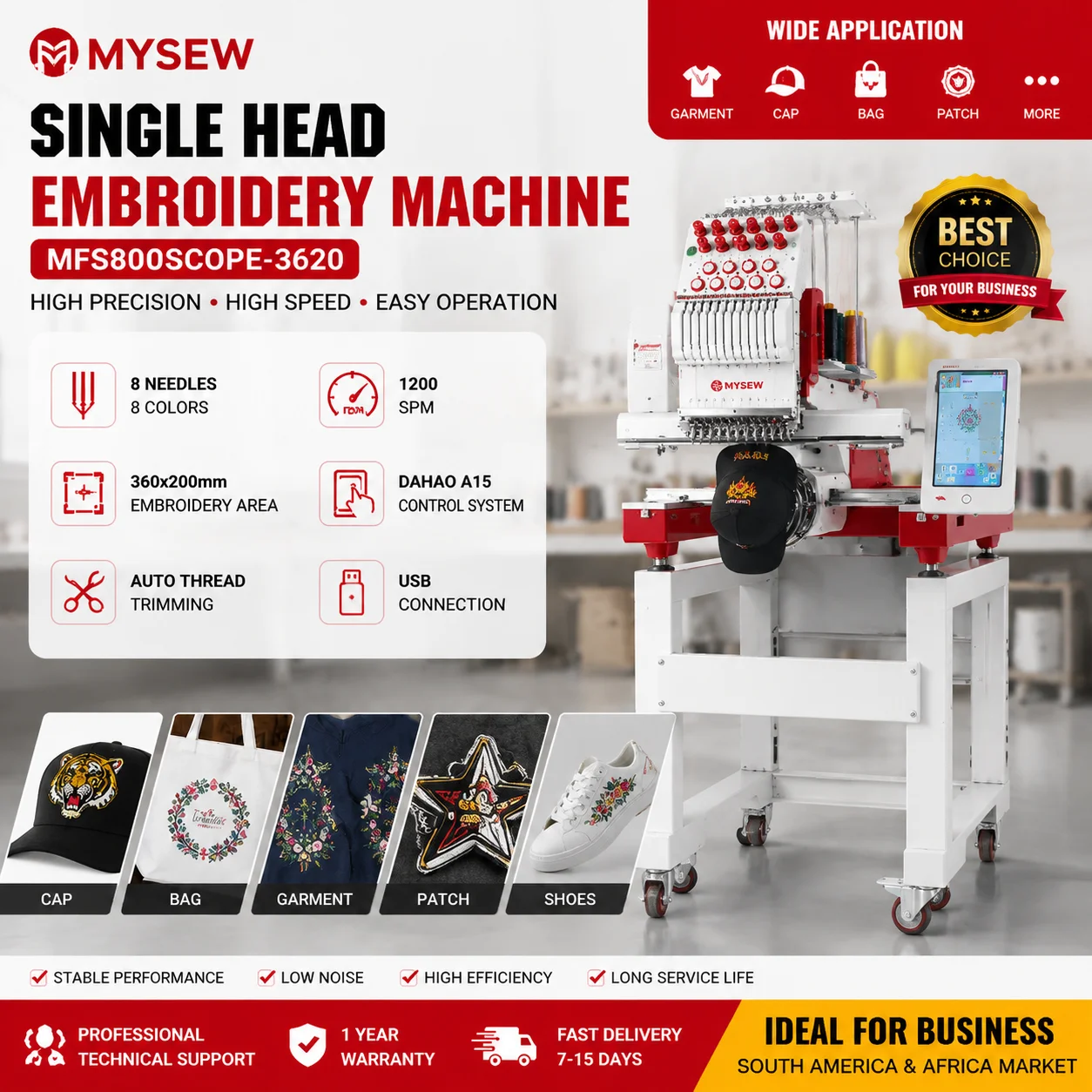 MYSEW MFS800 Single Head Industrial High Speed Automatic Computerized Custom Cap Embroidery Machine for Apparel Personalization
