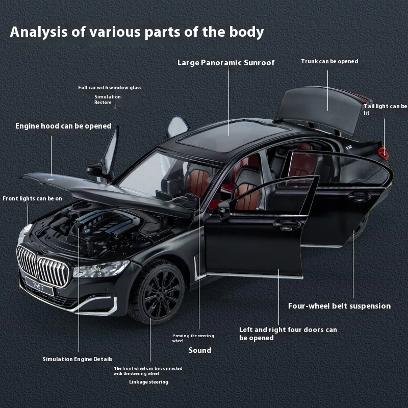 1:24 BMW THE 7 760Li Limousine Alloy Car Diecast High Simulation Sound Light Toy Decorative Trendy Ornaments For Friend Gift