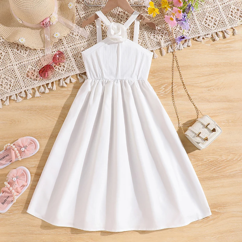 

White Dress For Girls 8-12 Years Rose Decor Sleeveless Halter Dress Dating Communion Wedding Party Dress Tween Girls Dress