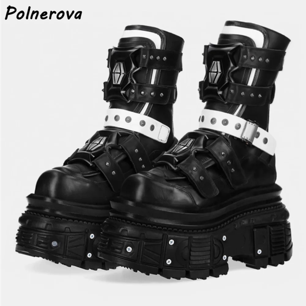 

Темные панк-майки с заклепками, черные туфли на платформе с круглым носком и ремешком с несколькими пряжками, женские крутые модные ботильоны на толстой подошве, 2025 г.