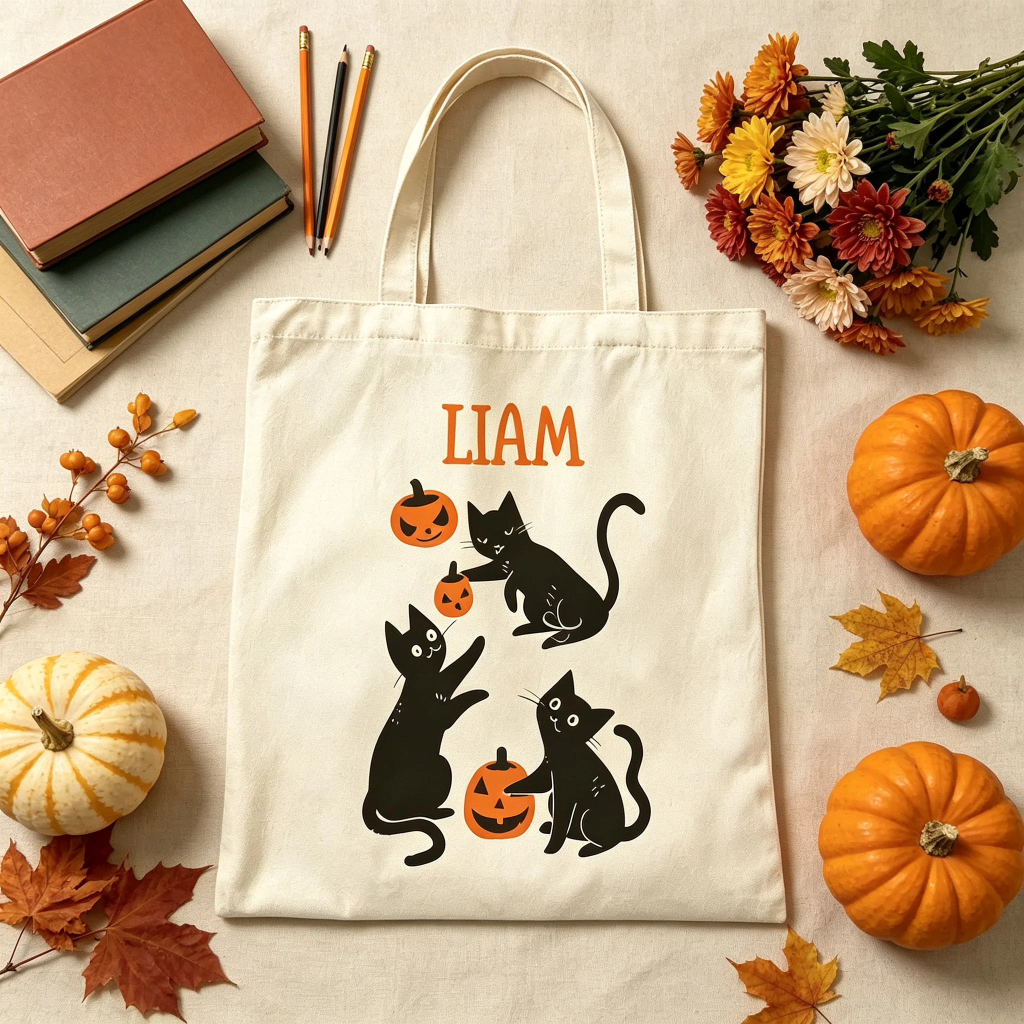 Personalized Halloween Black Cat Pumpkin Canvas Tote Bag Custom Name Trick or Treat Candy Shoulder Bag Gift for Boys Children