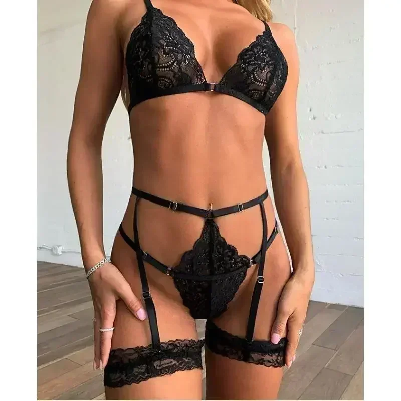 Sexy Lingerie Women Thin Transparent Lace See Through Female Erotic Underwear Bra Panty and Garter 3 Piece Set Sleepwear Suit