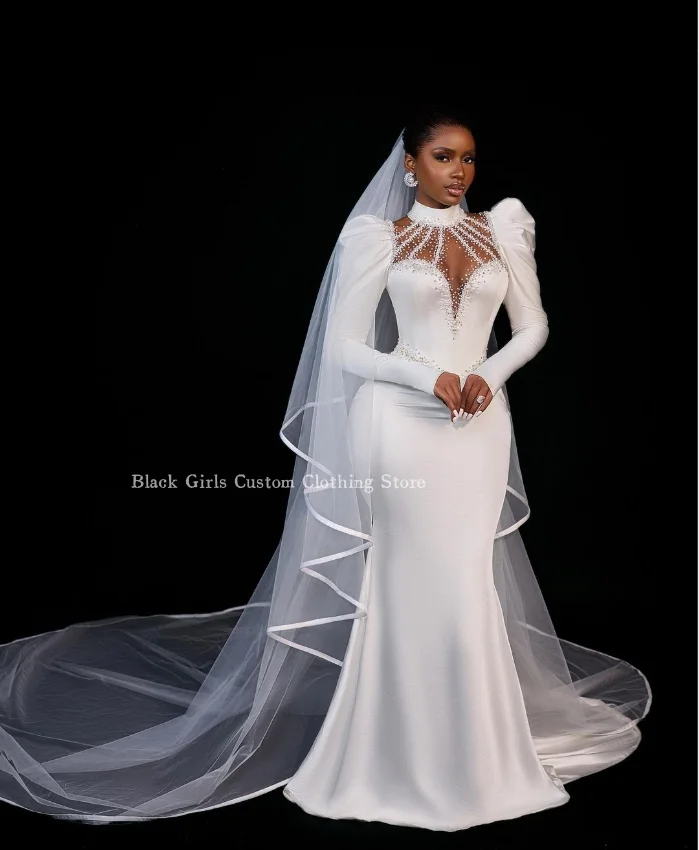 High Neck Ivory Satin Bridal Dresses Noble Mermaid Long Sleeve Customised Long Wedding Formal Occasion For Black Girls