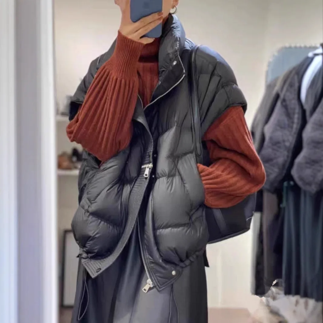 เสื้อกั๊กขนเป็ดสีขาวแบบใหม่ ดีไซน์ซิป แฟชั่นลำลอง คอตั้ง แขนกุด ทรงหลวม อุ่นสบาย สำหรับผู้หญิง