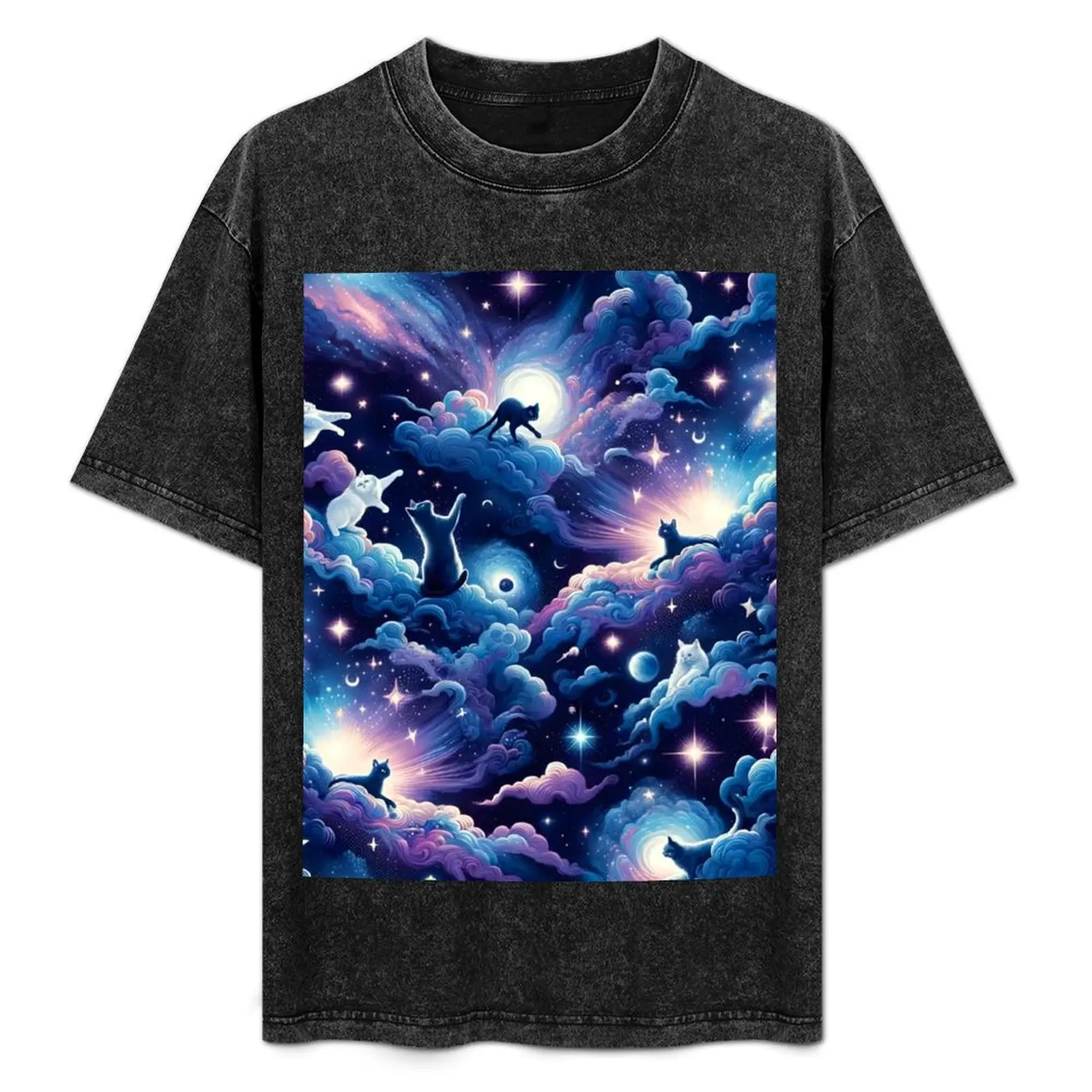 

Mystic Moonlight Felines - Celestial Cat Constellation Fabric T-Shirt Comfortable Workout Short Sleeve Shirt