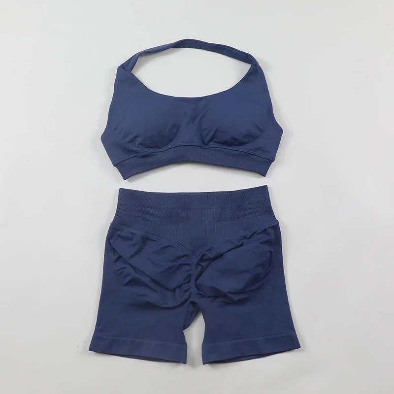 Ensemble short de yoga sans couture, soutien-gorge de sport à col licou, short de fitness froissé aux fesses, sport, ensemble camisole d'été pour femmes