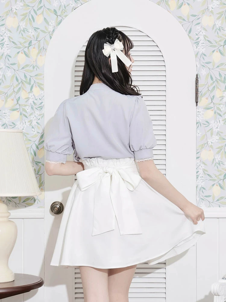 Summer Women Shirt Tops Embroidered Lace Shoulder Casual Blouse Female Tied Cute Sweet Japanese Style Short Sleeve Blusas Mujer