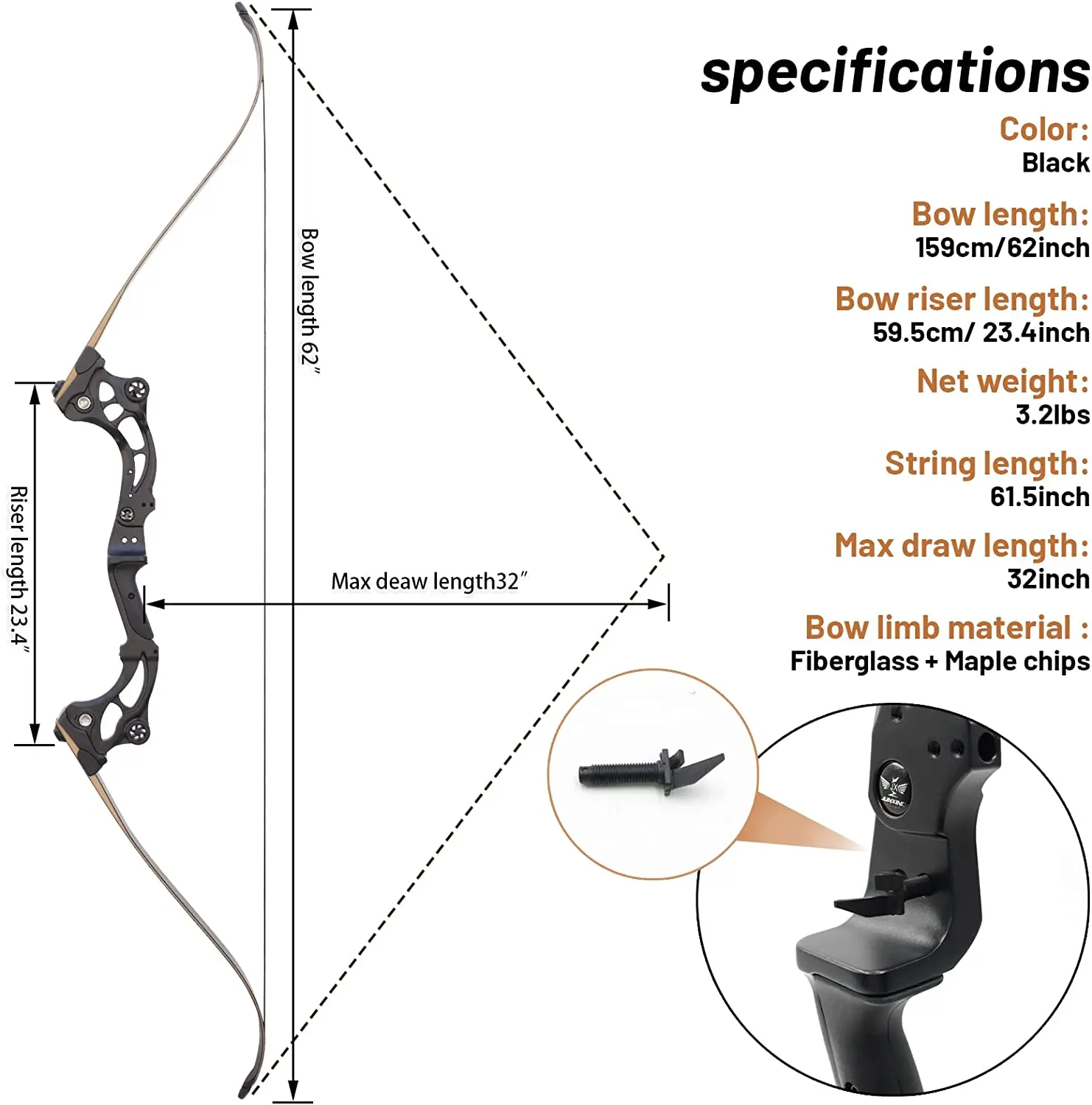 62 Inch Recurve Bow 30-50lbs Takedown Recurve Bow Set Metal Riser Right Hand Archery Bow Adults Youth Hunting