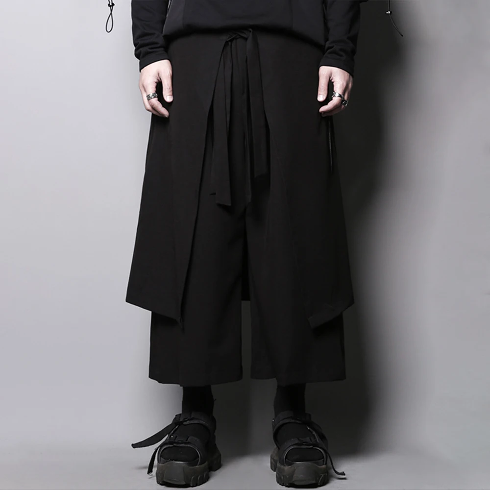 

Mens Culottes Y2k Double Layer Splice Ribbon Samurai Trousers Streetwear Fashion Versatile Casual Trousers Men'S Clothing 2025