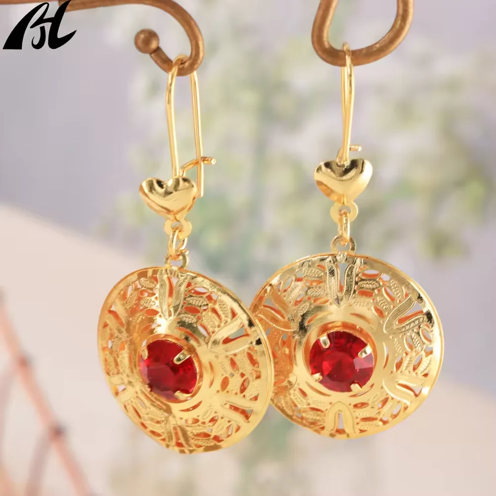 New brass 18K gold plated earrings Fashion round natural stone turquoise pendant earrings women\'s jewelry