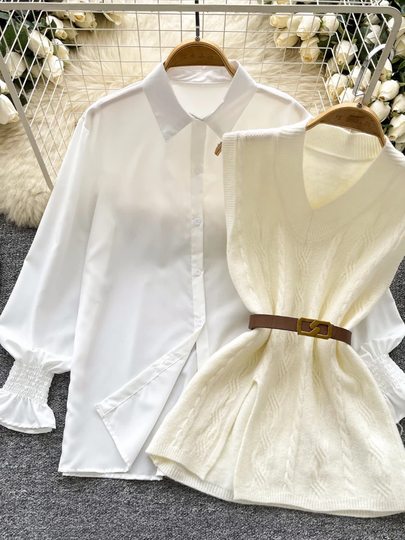 Foamlina Women Autumn 2 Pieces Set Fashion Turn Down Collar Long Sleeve White Shirt and Knitted Outerwear Vest Top with Belt