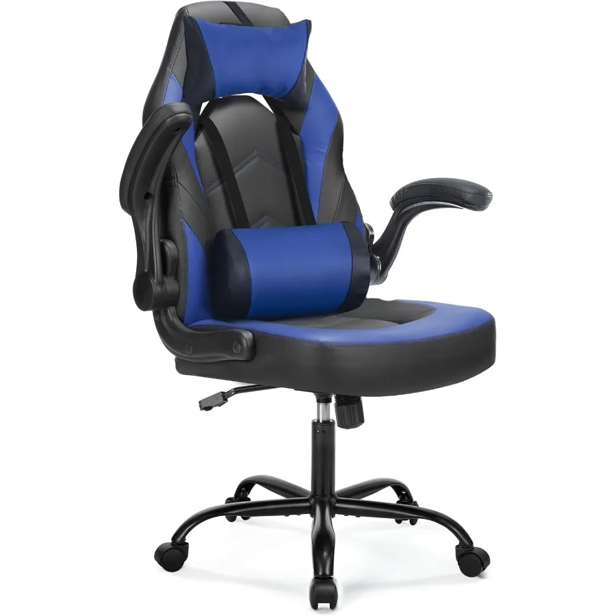DUMOS Ergonomic Gaming Office Desk Chair with Flip-up Armrests for Adults Height Adjustable PU Leather Video Game Computer Chai