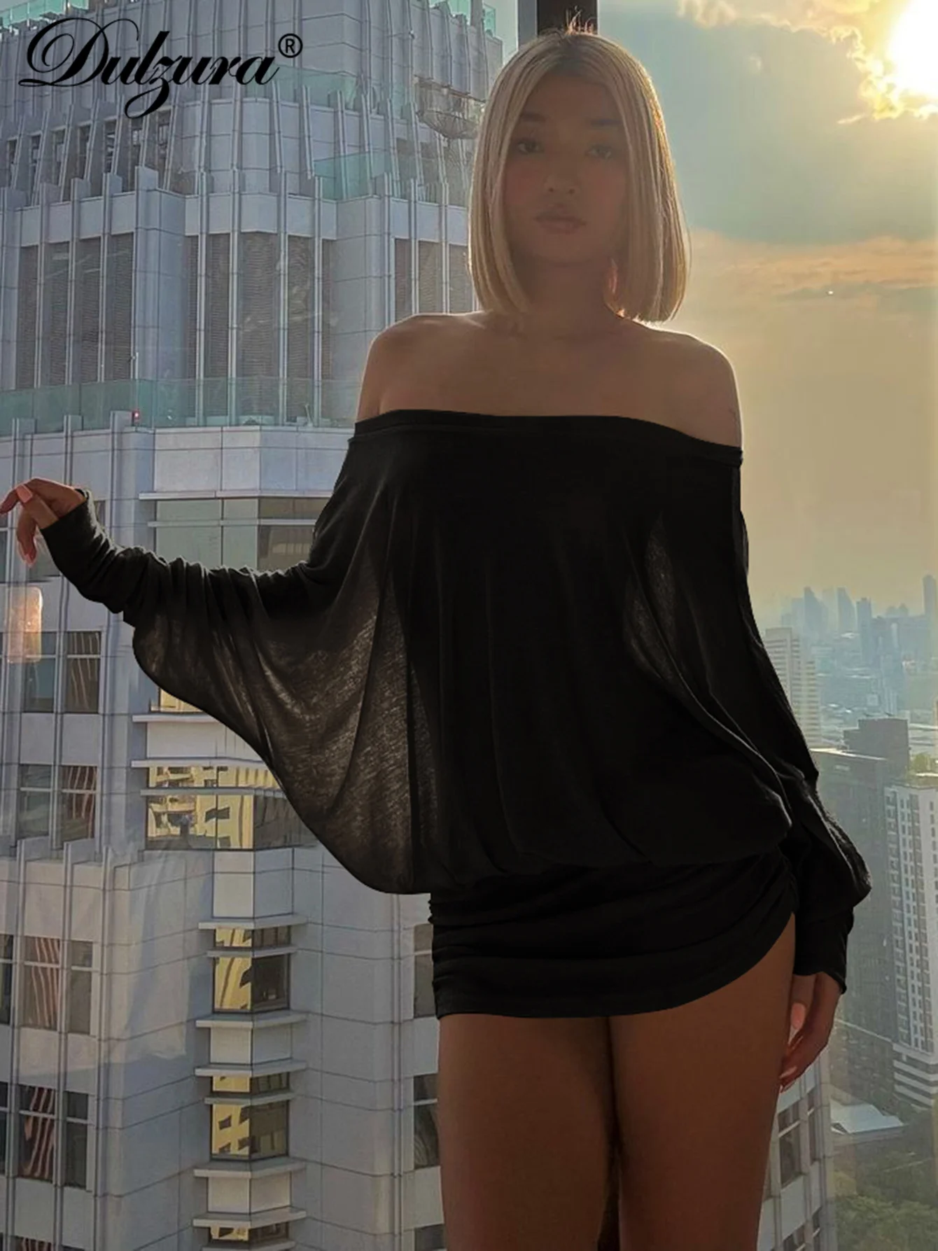 Dulzura 오프 숄더 긴 소매 셔링 패치 워크 미니 드레스 여성의 섹시한 우아한 캐주얼 복장 파티 Clubwear 봄 여름