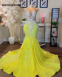 Yellow Sequined Mermaid Prom Dresses 2024 For Black Girls Gala African Sparkly Birthday Dress Wedding Evening Gowns Customized