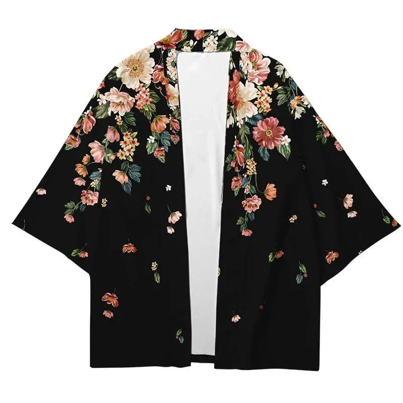 Asian Traditional Clothes Pink Floral Printed Japanese Kimono Men Women Loose 7 Sleeve Harajuku Haori Fashion Beach Cardigan