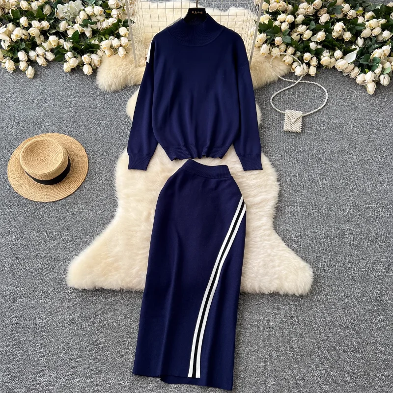 REALEFT Autumn Winter 2 Pieces Women\'s Sets Knitted Tracksuit Stand Collar Sweater and Sheath Wrap Skirts Suits 2024 New