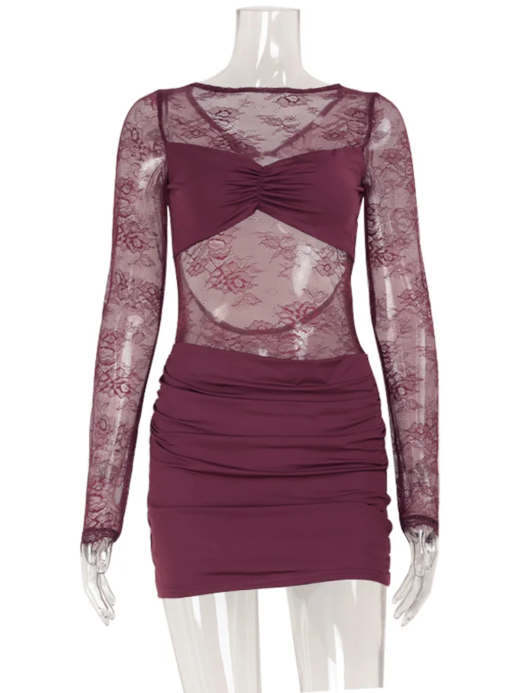 CNYISHE Patchwork di pizzo Backless O Collo Abiti da donna Moda Sheer Manica lunga Guaina Abiti Scava Fuori Femminile Hip Wrap Aderente