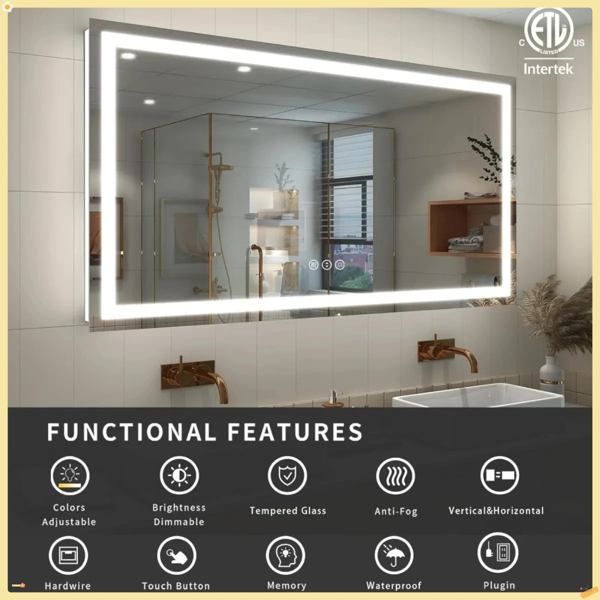 กระจกห้องน้ำแบบมีไฟขนาด 60x40 นิ้ว สำหรับติดผนัง, กระจกแต่งหน้าแบบมีไฟ LED, ปรับความสว่างได้, ป้องกันฝ้า, ได้รับการรับรองมาตรฐาน ETL