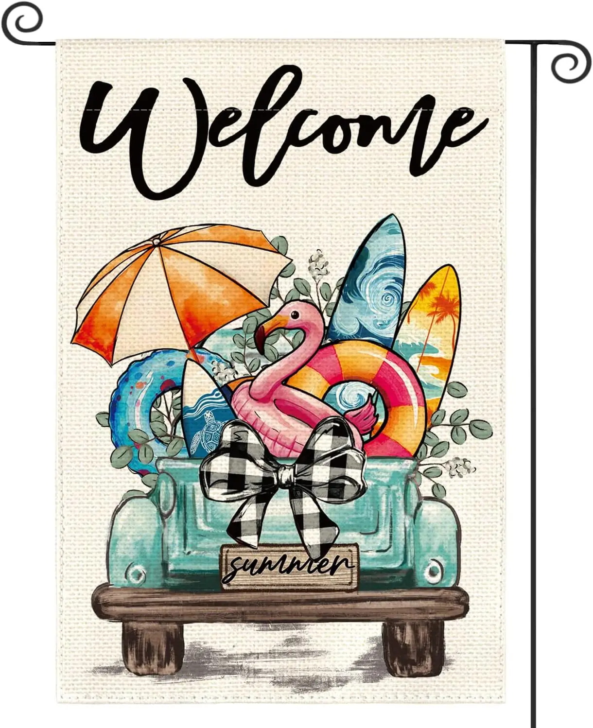 AVOIN colorlife Summer Beach Truck Flamingo Garden Flag 12x18 Inch Double Sided, Welcome Seasonal Farmhouse Burlap Yard Outd PPM
