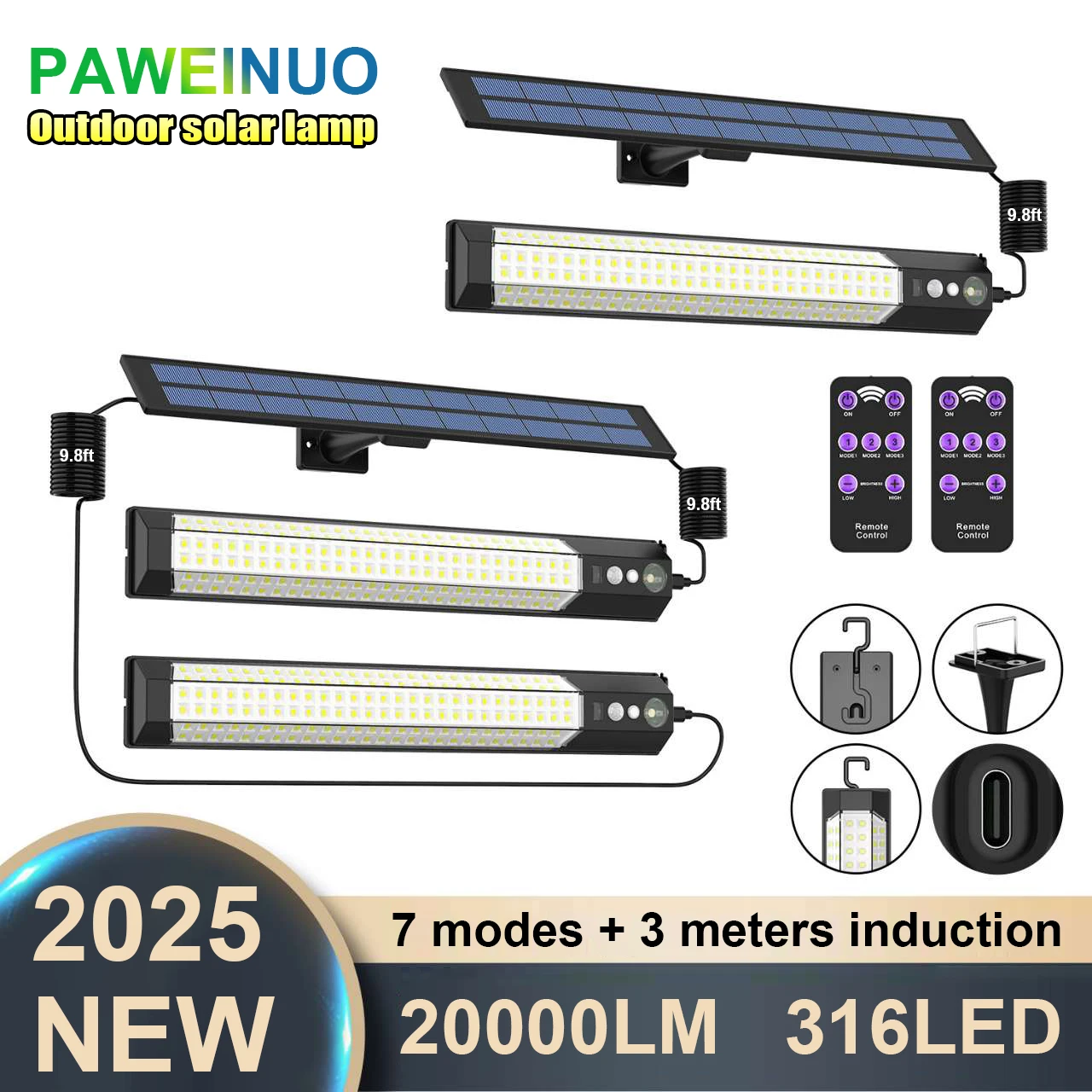 

20000LM 316LED Outdoor Solar Light с датчиком солнечной энергии Spotlight Пульт дистанционного управления Внешний солнечный свет для садового двора