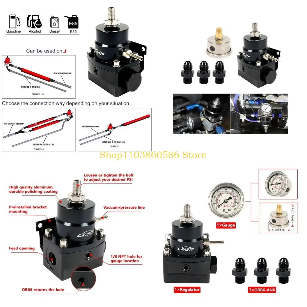 

242A Universal Aluminum 0-160PSI Car Fuel Pressure Regulator Gauge AN6 Fittings Kit Car Fuel System Modification