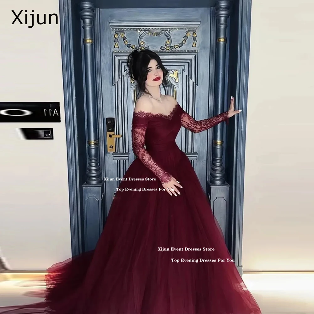 

Xijun Burgundy Lace Long Evening Dresses Off The Shoulder A-Line Formal Prom Dresse Sweetheart Luxury Dubai Prom Gown Customized