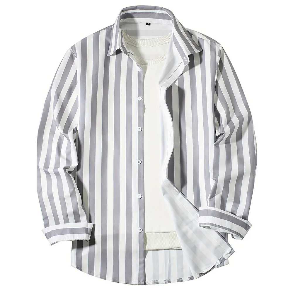 New Men's Long Sleeve Blue White Striped Shirt Fashion Standard-fit Button Down Shirts Blouse Men Hip-hop Streetwear Camisas