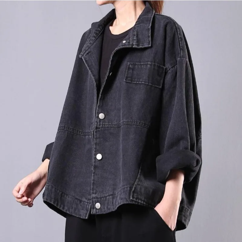 سترة دينم لخريف 2025 سترة نسائية فضفاضة كبيرة الحجم أدبية ورجعية من قماش الدنيم القديم بأكمام طويلة سترة قصيرة BF #1