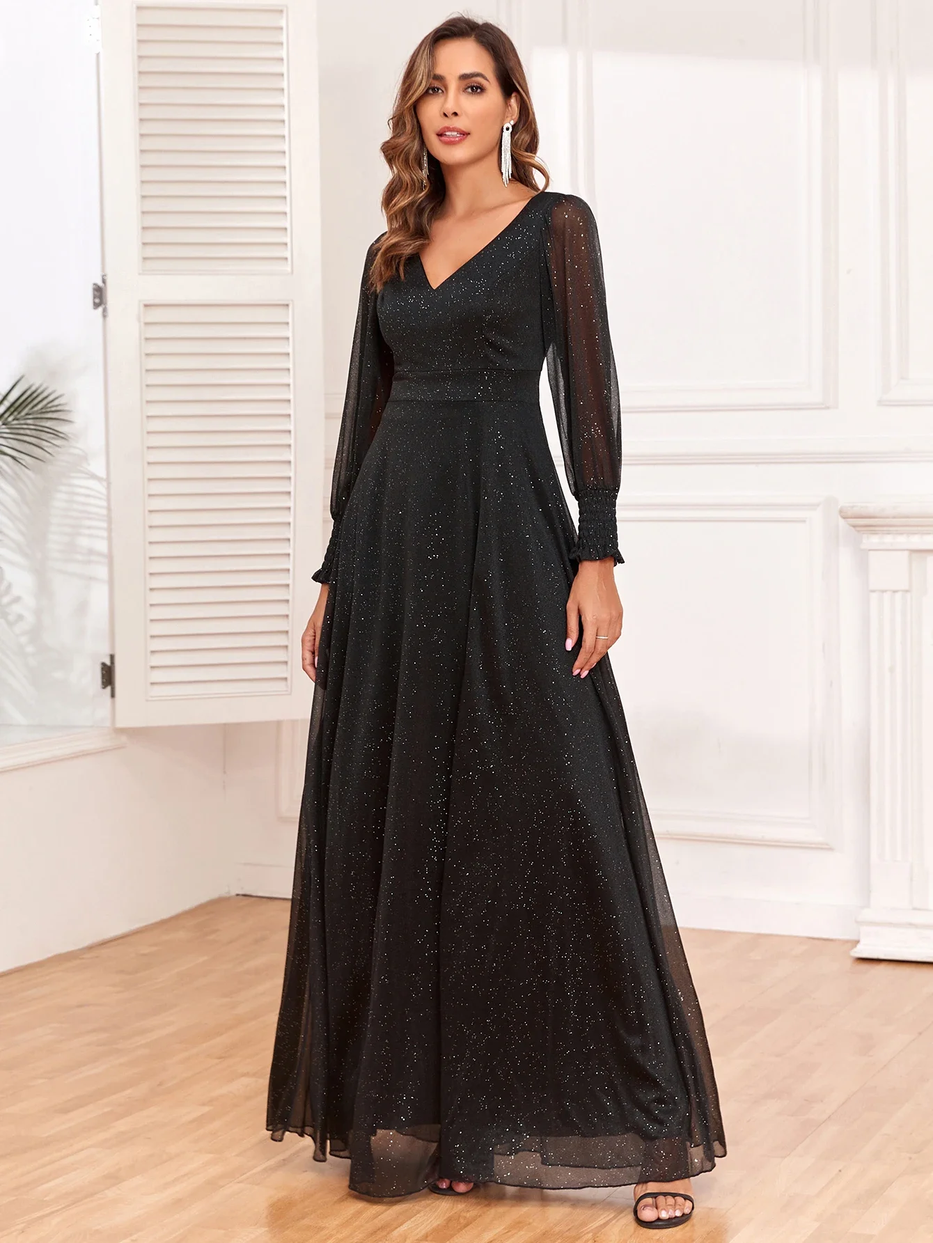 

Women's See-through Sleeve Spliced Dress V-neck High Slit Big A Shiny Fully Lined Quality Evening Dress Stage Dress Simple Slim