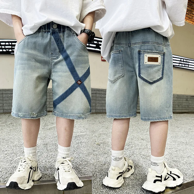 Loose Straight Child Drawstring Denim Shorts for Boys Ripped Baggy Five-Quarter Pants with Drawings Kids Fashion Street Capris
