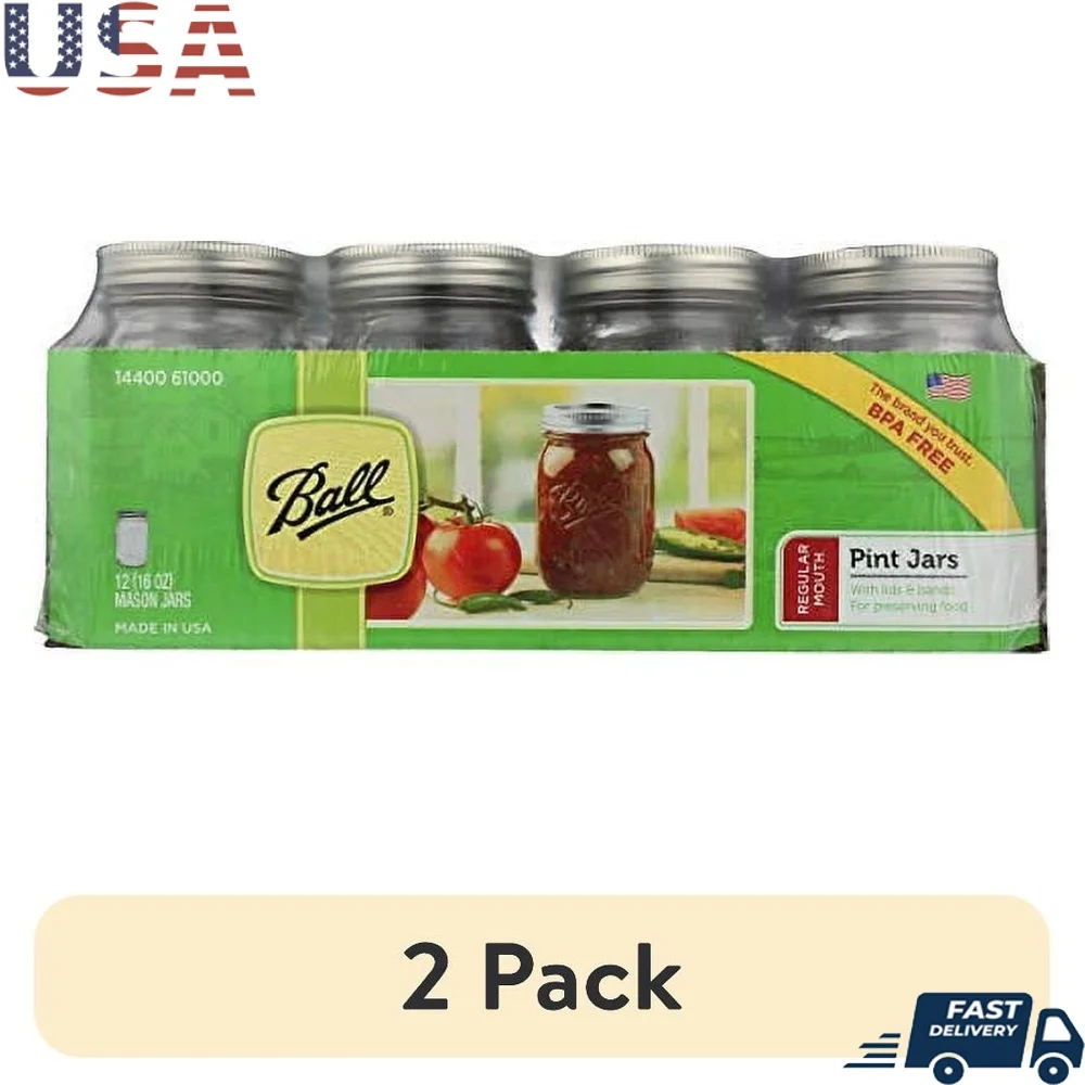 

2 Pack 16oz Regular Mouth Mason Jars with Lids Bands Ideal Storing Fruits Vegetables Snacks Crafts BPA Free Clear Glass