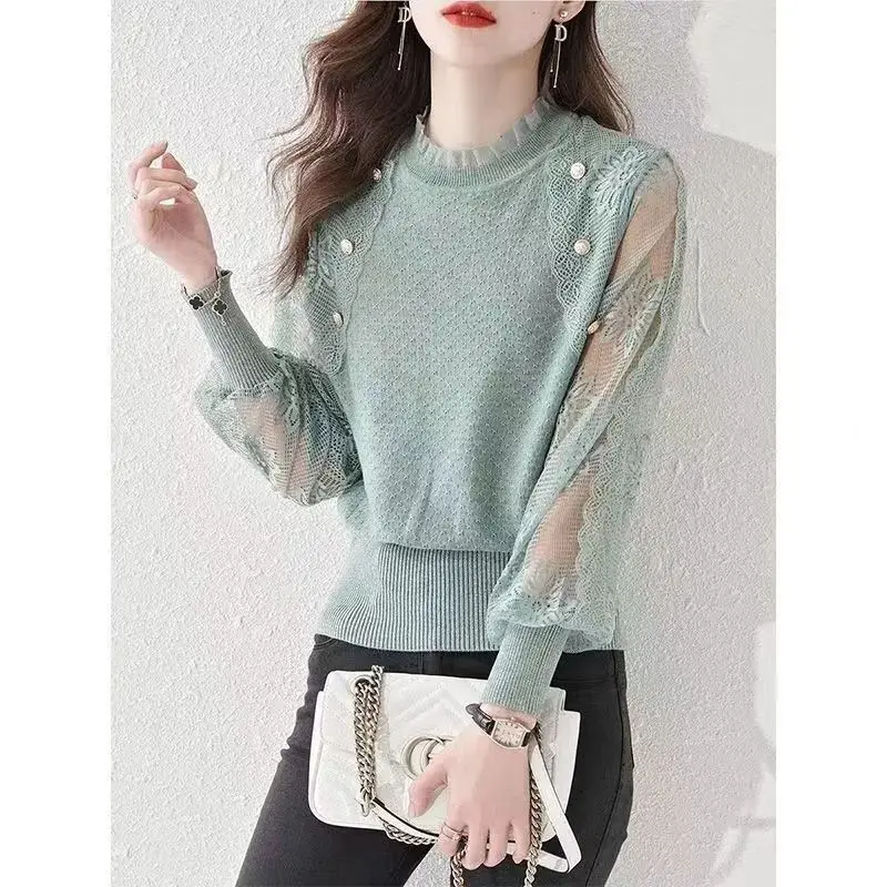 Autumn Winter Fashion Elegant Lace Spliced Long Sleeve Knitted Tops Women\'s Clothing All-match Commute Solid Color Sweaters