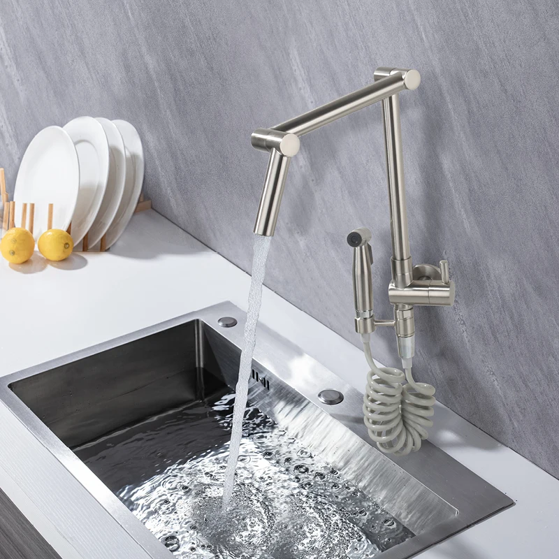 Wall Mounted Single Cold Kitchen Faucet with Hand Sprayer Rotatable 360° Kitchen Folding Sink Faucet 1 Handle Vessel Sink Faucet