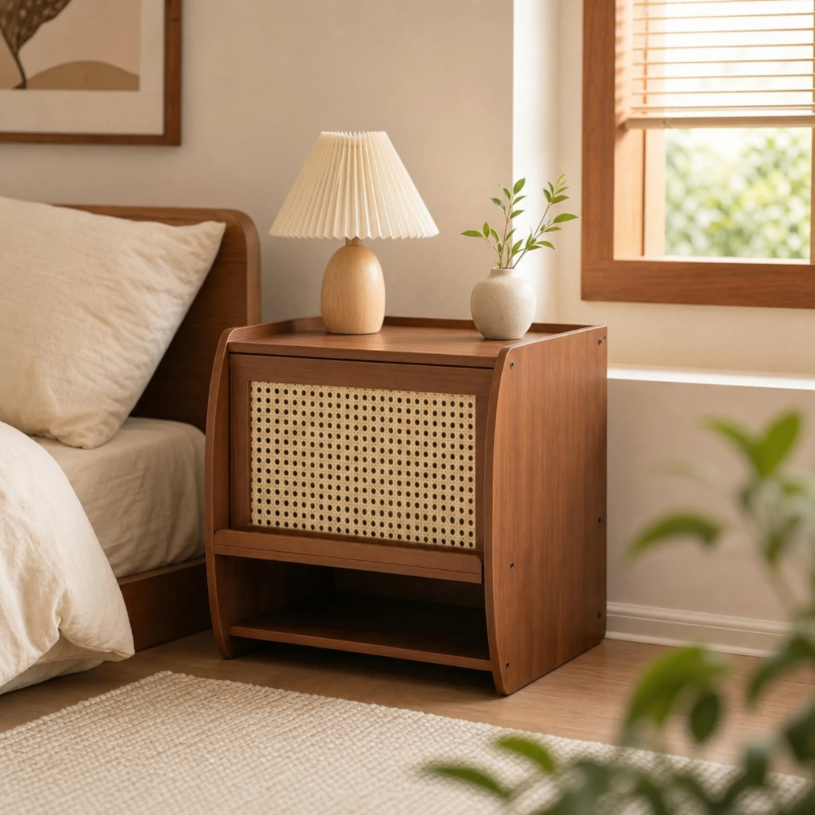 Wooden Desktop Storage Rack Woven Two-Tier Storage Rack with Cane Front Desktop Bookshelf Versatile Furniture Stable