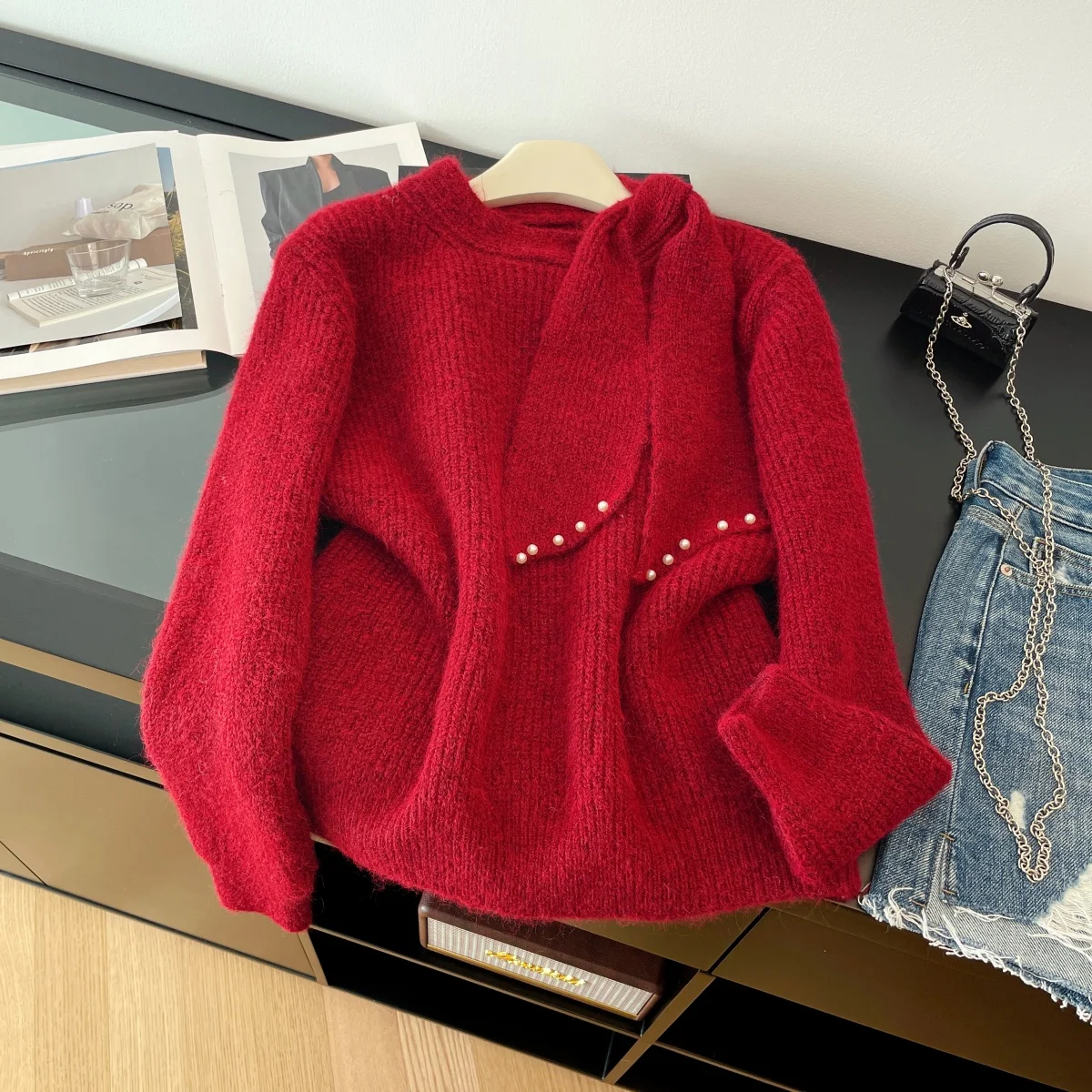 Women's Red Christmas Sweater 2000s Vintage Korean Style Knit Pullover Long Sleeves Cozy Luxury Cashmere Sweater Clothes Winter