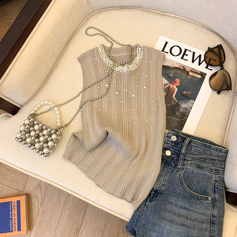 2024 Spring Summer Peals Beaded Ice Silk Knitted Vest Fashion Women Korean Slim Sleeveless O-neck Sweater Vests Female Tank Tops