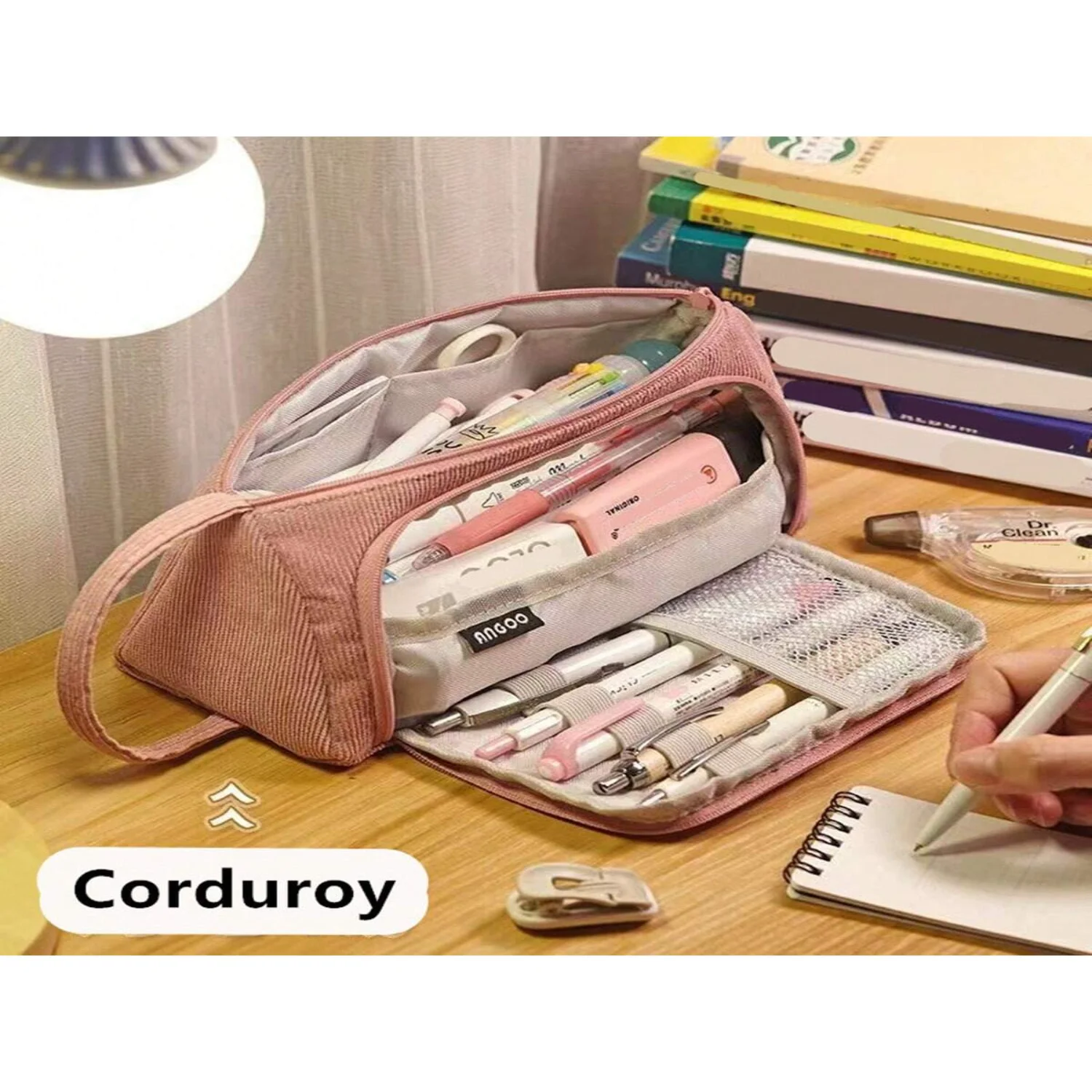 

Large Capacity Corduroy Pencil Case, Portable Pencil Pouch With Innovative Double-Layer Design, School/Office Desk Stationery Or
