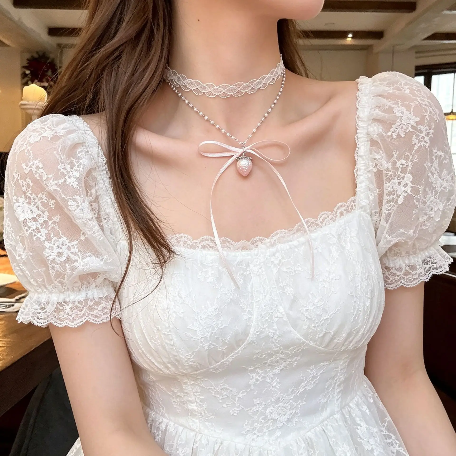 Premium Girly Choker Necklace Double Strand Lace Bow Strawberry Pendant Collarbone Chain Sweet Daily