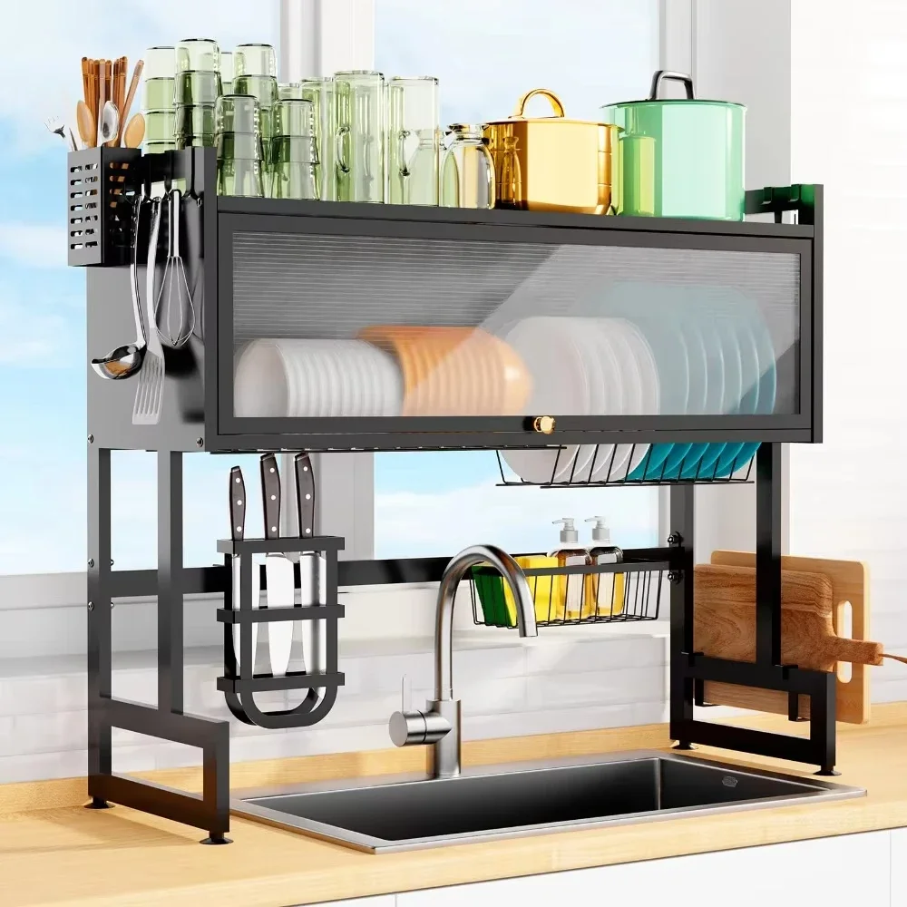 Cabinet Above Sink Metal Bowl Storage Rack Adjustable Cupboard With Door Kitchenware Holder Organizer Kitchen Dish Drying Racks