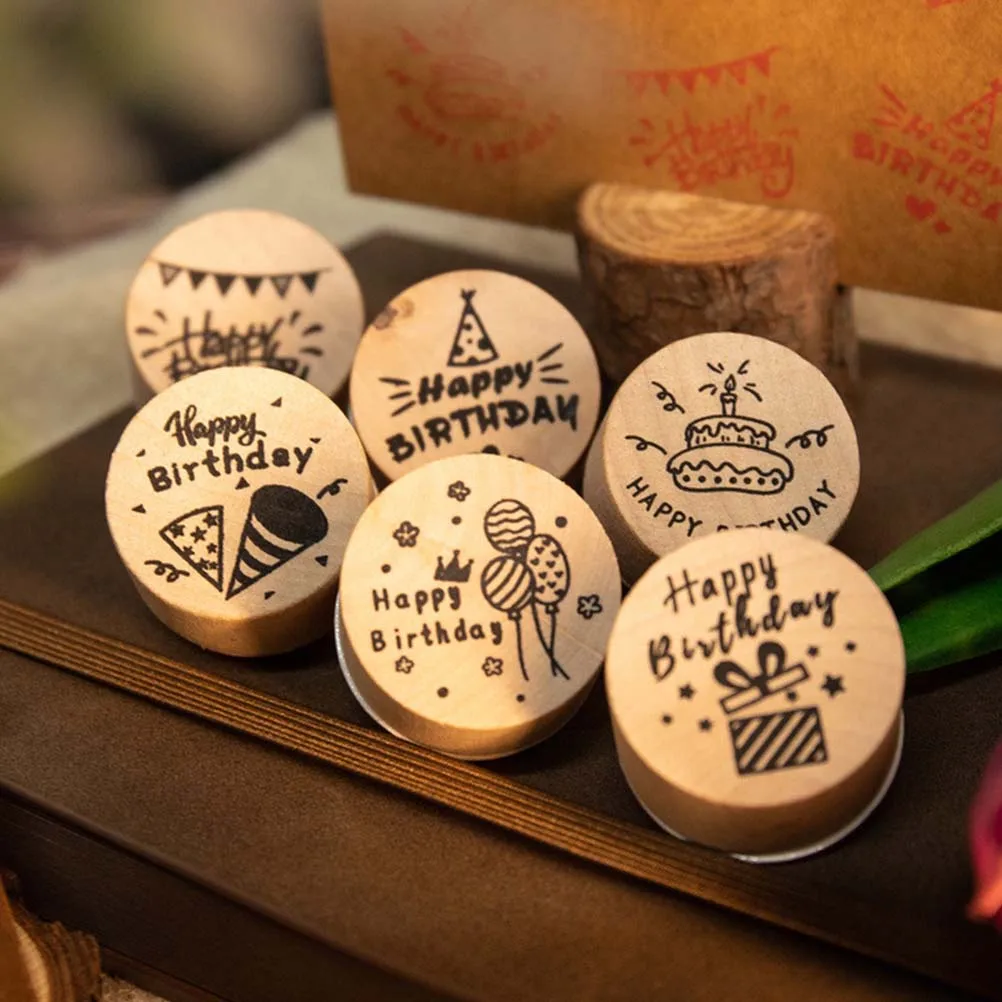 

6Pcs Creative Party Wood Stamp Assorted Color Retro Happy Birthday Round Seal DIY Craft Scrapbook Diary Planner Decorative