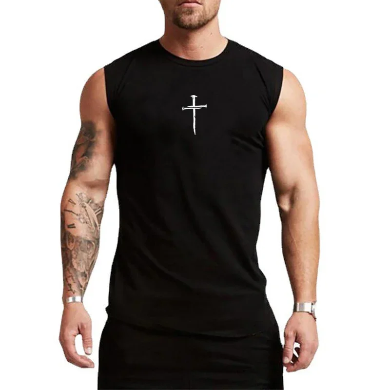 Summer Men Fitness Sport Tank Tops Personalized Cross Print Sleeveless Cotton Gym Workout Bodybuilding Stringer Muscle T-Shirt