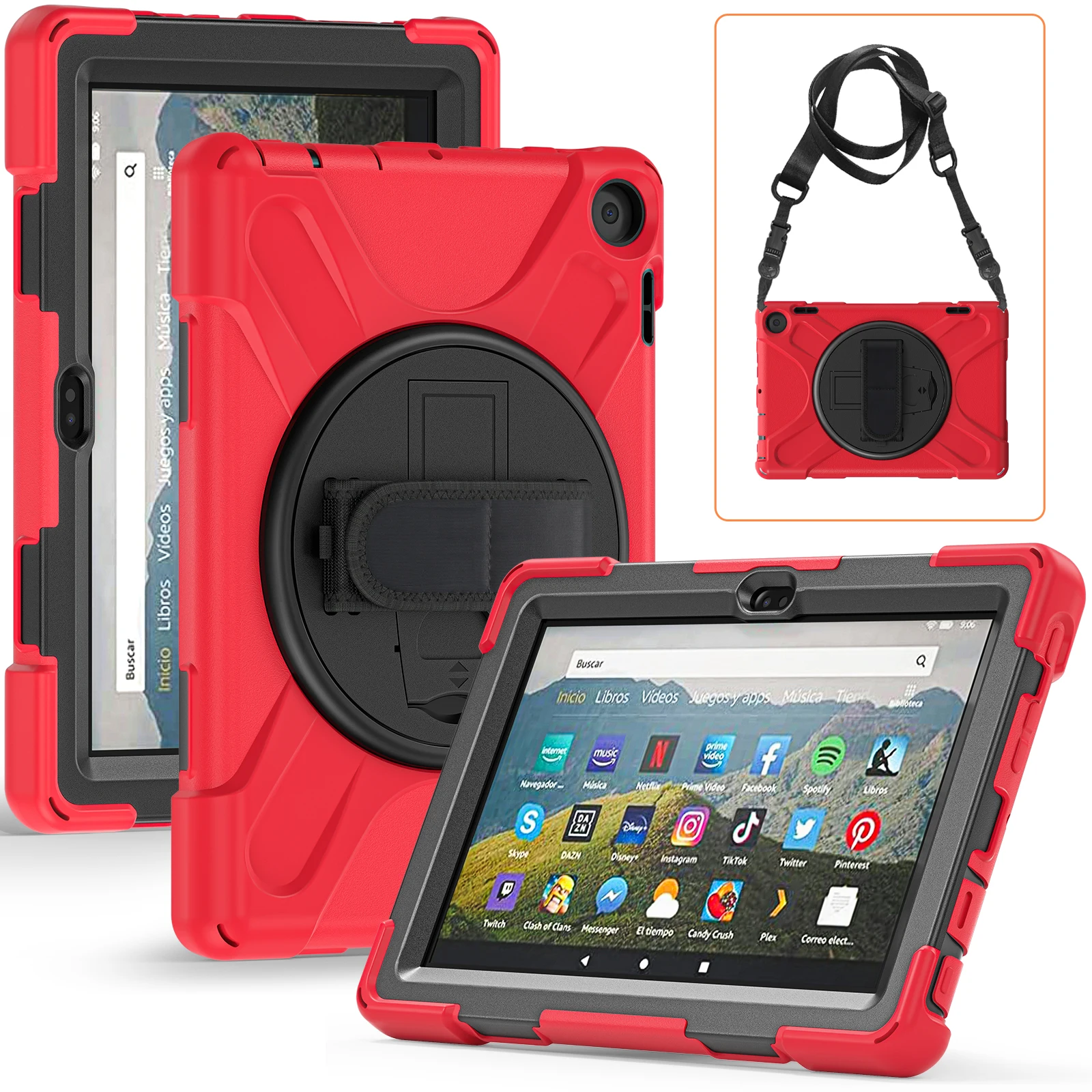 Heavy Duty Rugged Case For Amazon Fire 7 8 2024 2022 2020 2017 2018 2019 Rotating Hybrid Cover Shockproof With Shoulder Strap