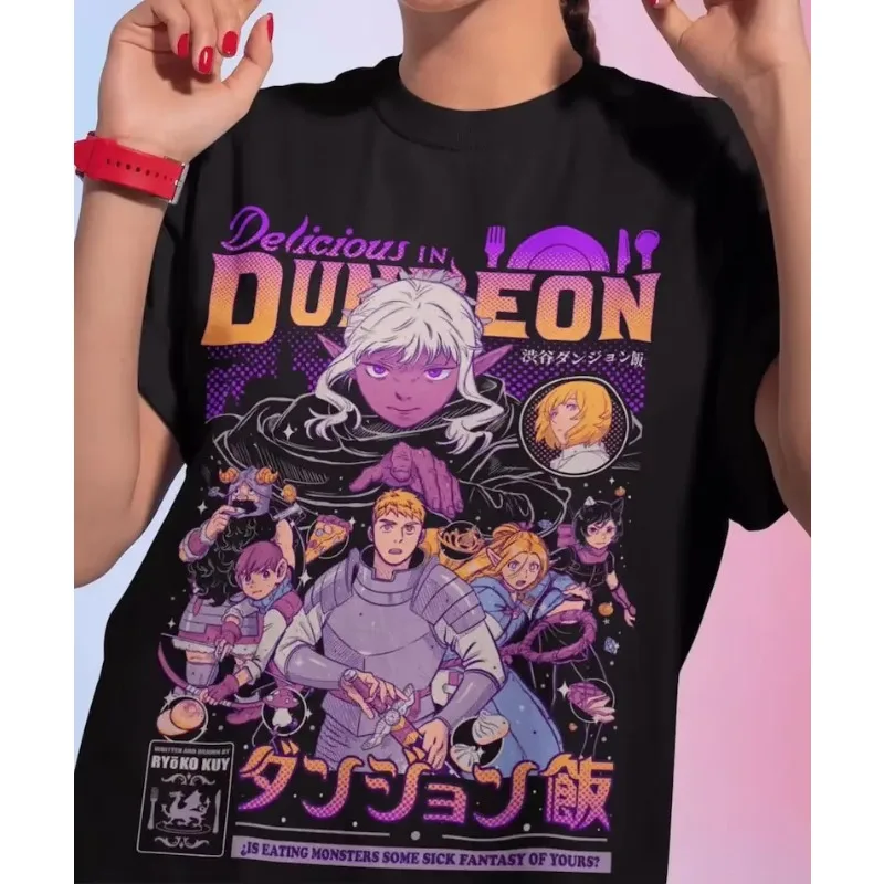 Dungeon Meshi Shirt Vintage Washed Unisex Oversized Anime Streetwear Weiches Baumwoll-Kurzarm-T-Shirt Geschenk Kleidung Oberteile Bestseller – Detail 2