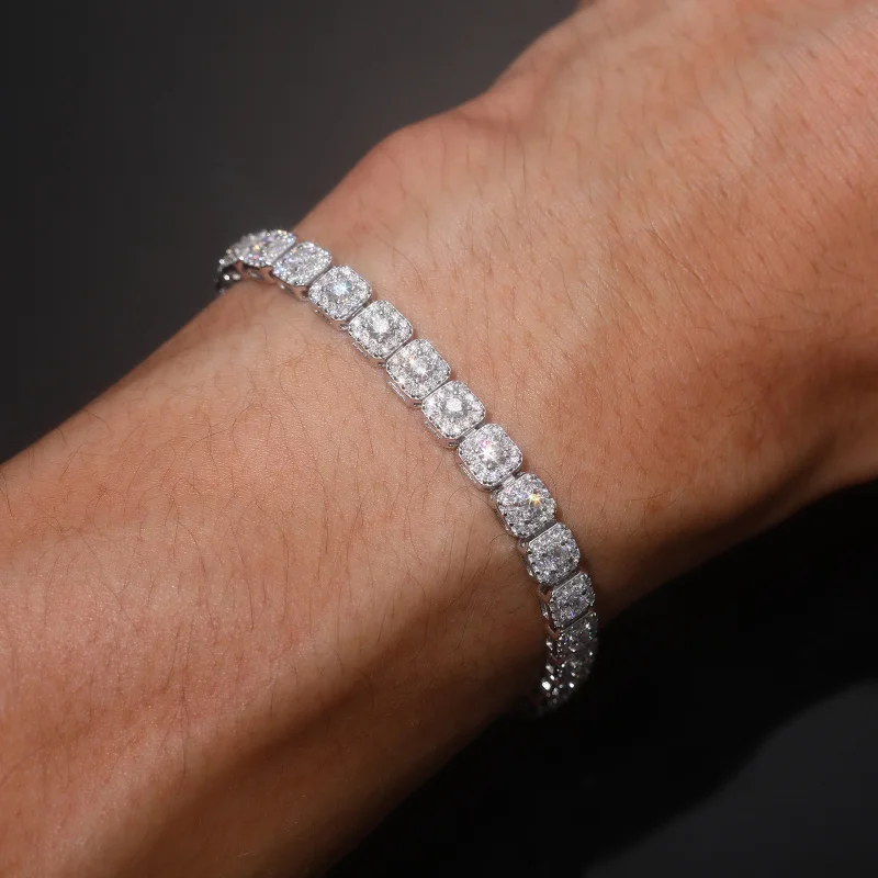 

Unisex Cuban Chain Iced Out Moissanite Halo 6mm 925 Silver Style Hip Hop Tennis Moissanite Bracelet for Men and Women