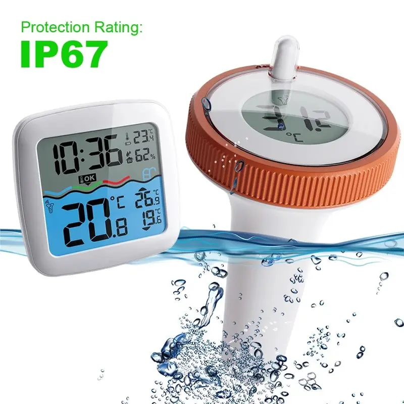 ميزان حرارة المياه العائمة مع ساعة حمام سباحة لاسلكي لحمام السباحة ومقياس حرارة الحمامات
